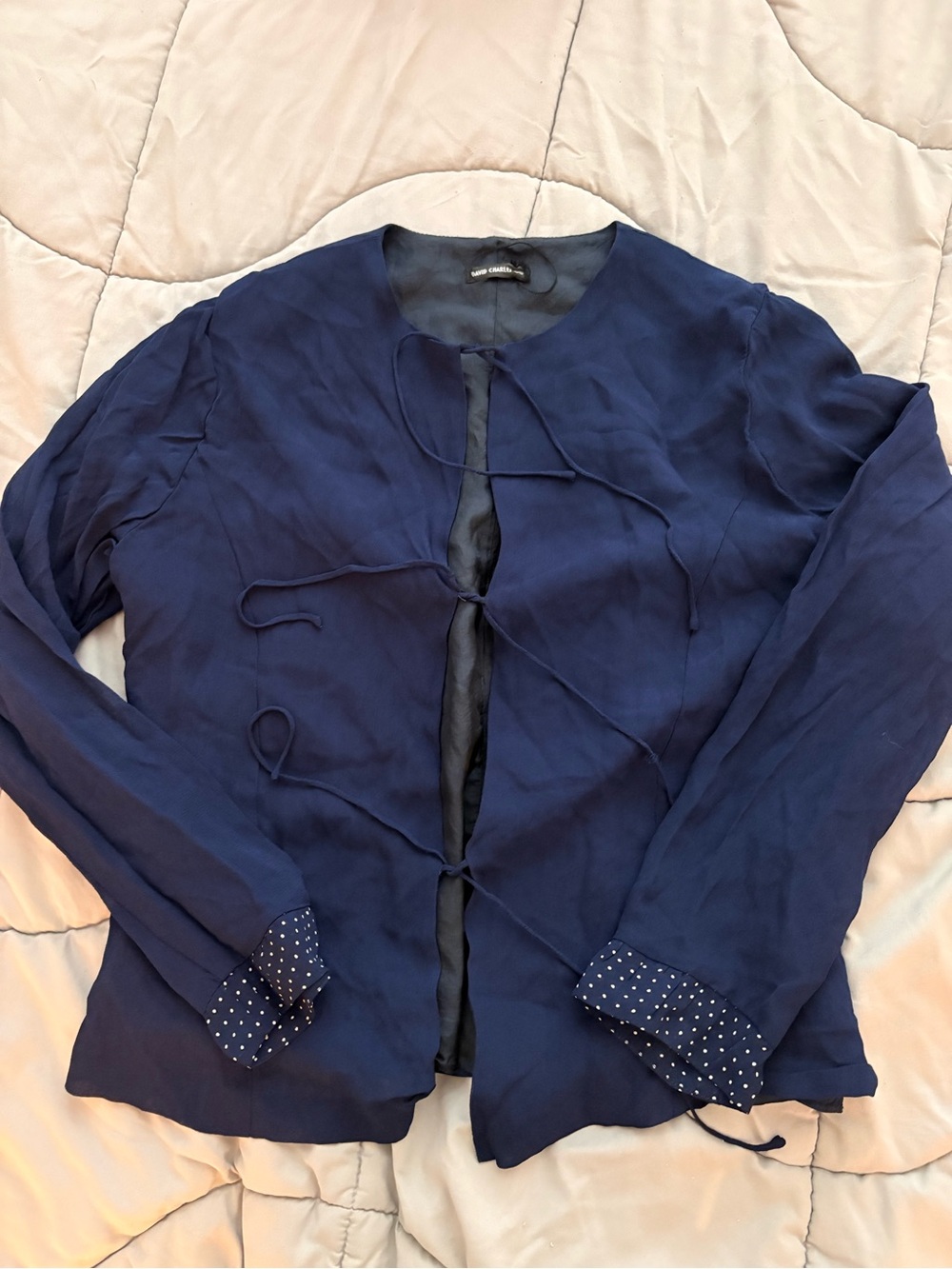 Vintage David Charles London Tie-Front Navy Long-Sleeve Blouse